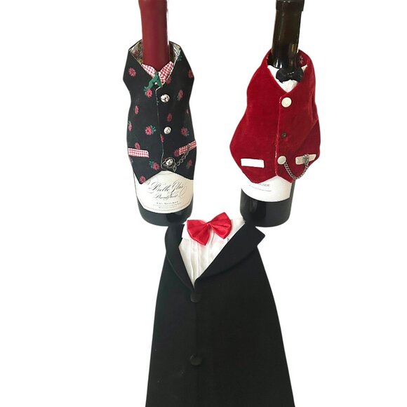 Vintage Handmade Fabric Wine Bottle Covers – Tuxedo, Vest, Bow Tie, Pocket Watch - Picture 2 of 7